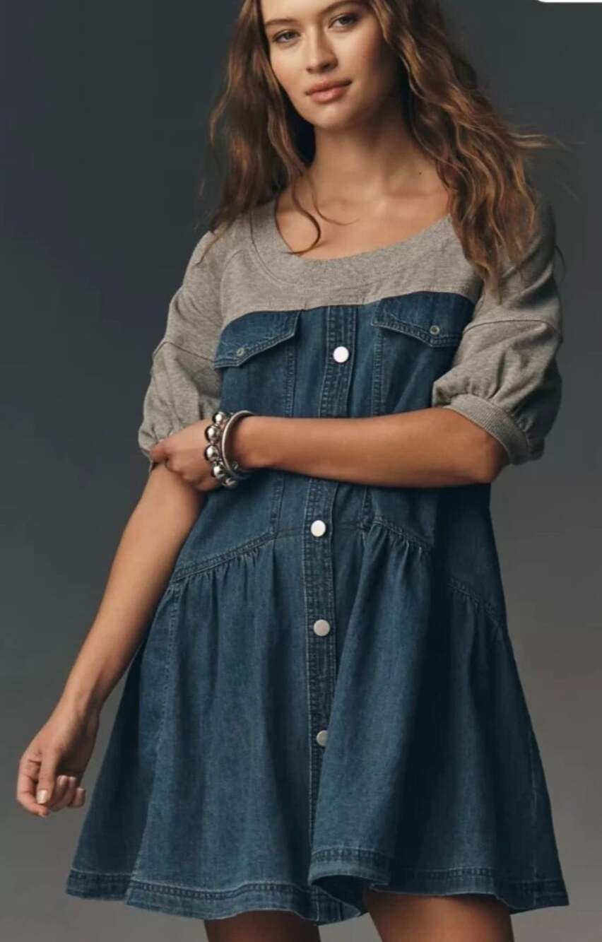 Pilcro Combo Sweatshirt and Denim Mini Dress Metal Buttons Pockets, Size S